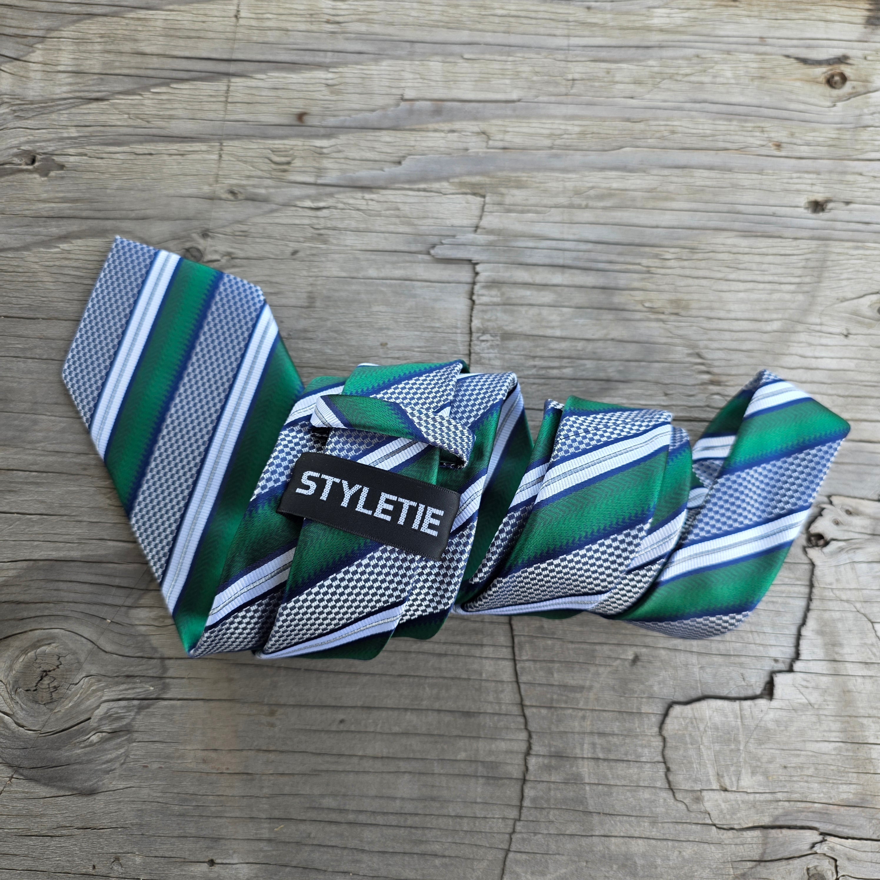 White Green Stripe Silk Tie Pocket Square Cufflink Set