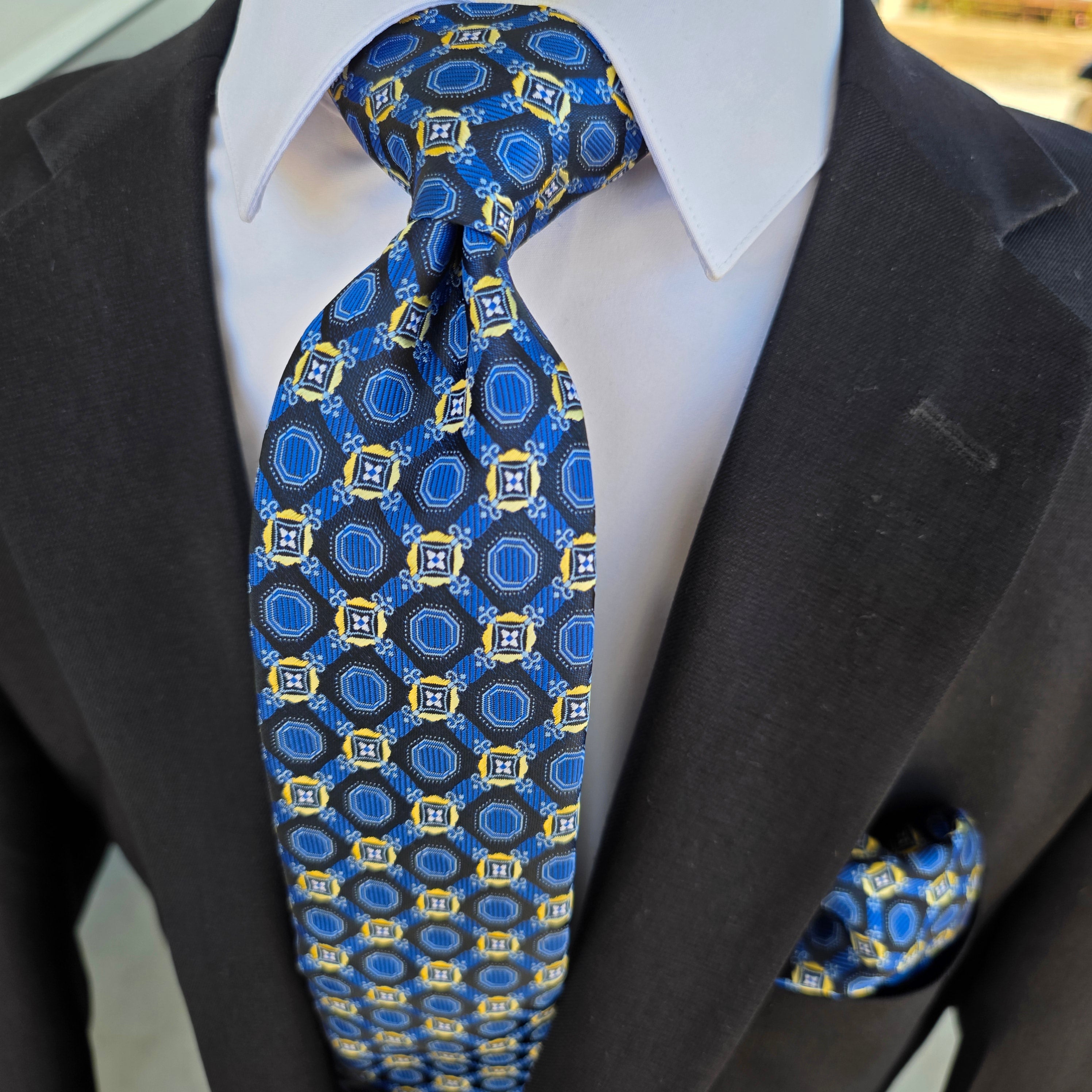 Navy Royal Blue Geometric Silk Tie Pocket Square Cufflink Set