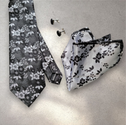 Black White Floral Silk Tie Pocket Square Cufflink Set