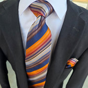 Navy Gold Striped Silk Tie Pocket Square Cufflink Set