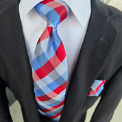 Blue Red Plaid Silk Tie Pocket Square Cufflink Set