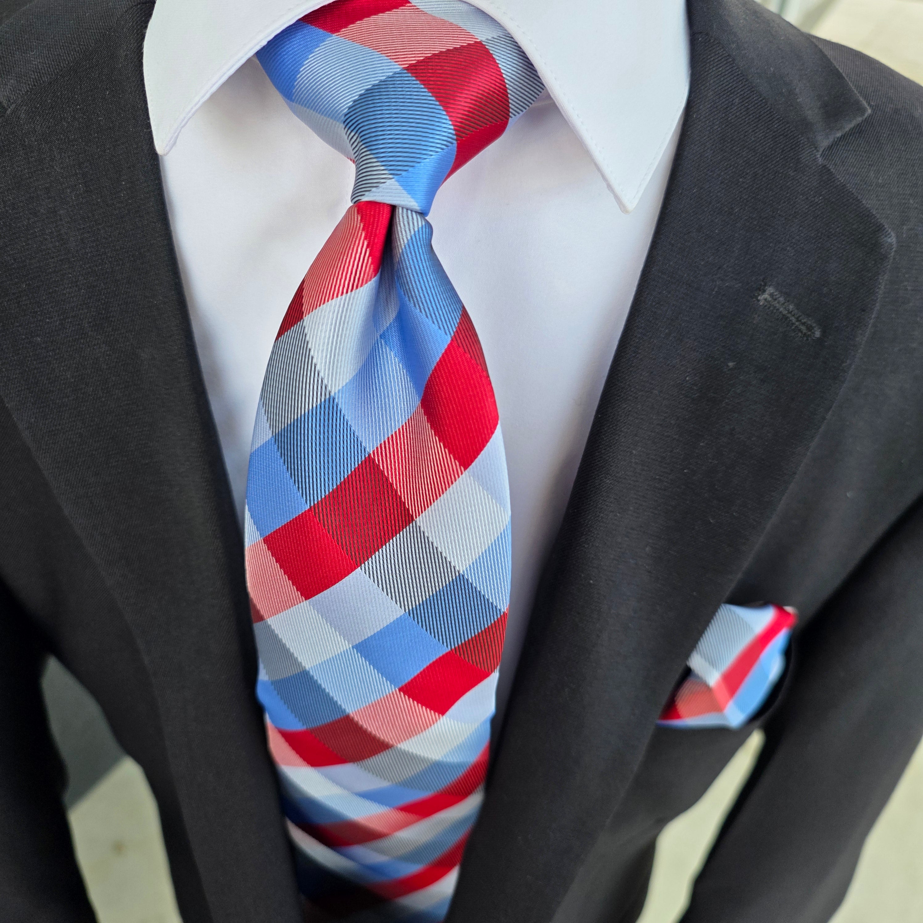 Blue Red Plaid Silk Tie Pocket Square Cufflink Set