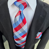 Blue Red Plaid Silk Tie Pocket Square Cufflink Set