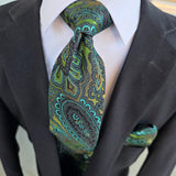 Forest Green Paisley Silk Tie Pocket Square Cufflink Set