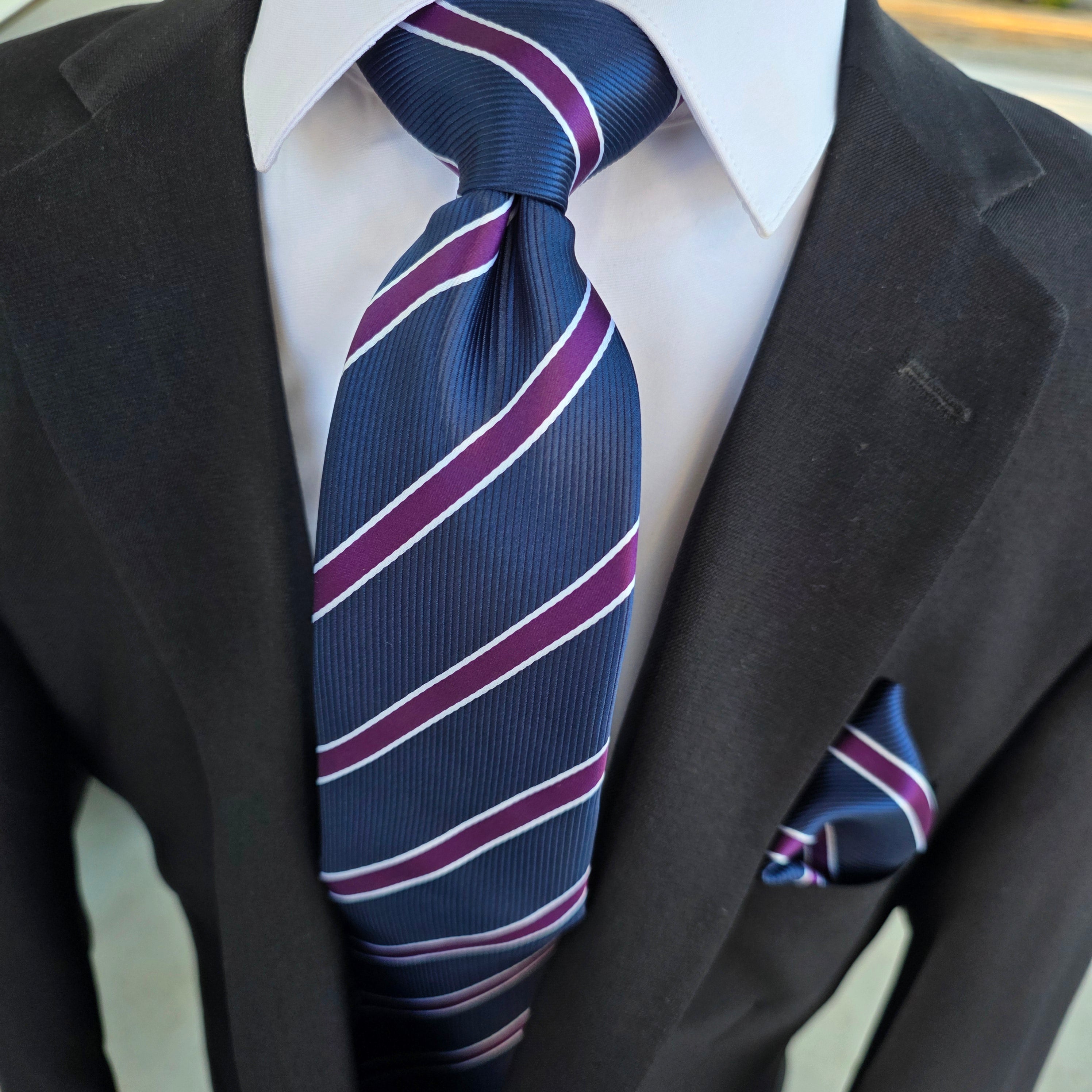 Navy Blue Purple Stripe Silk Tie Pocket Square Cufflink Set