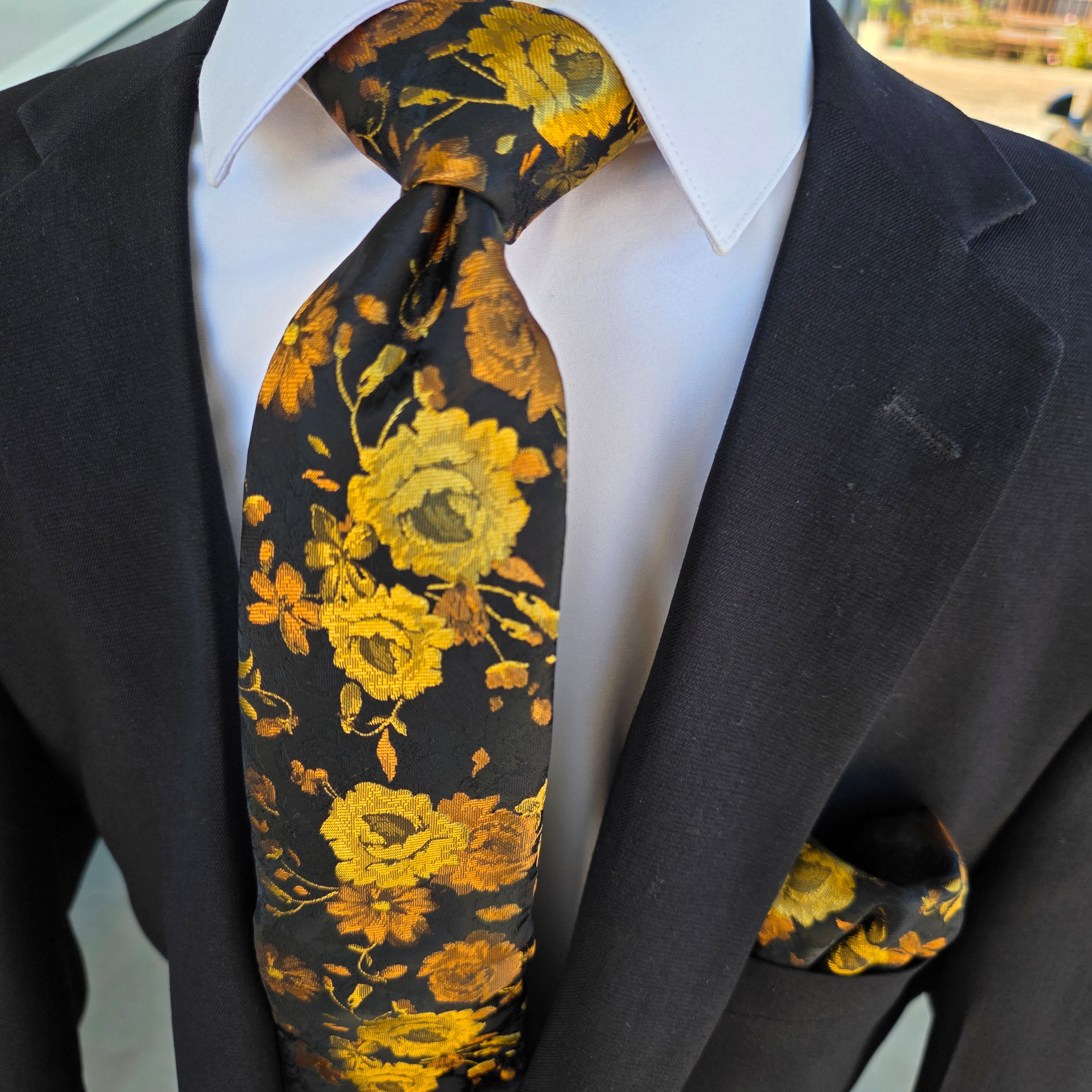 Black Gold Copper Floral Silk Tie Pocket Square Cufflink Set