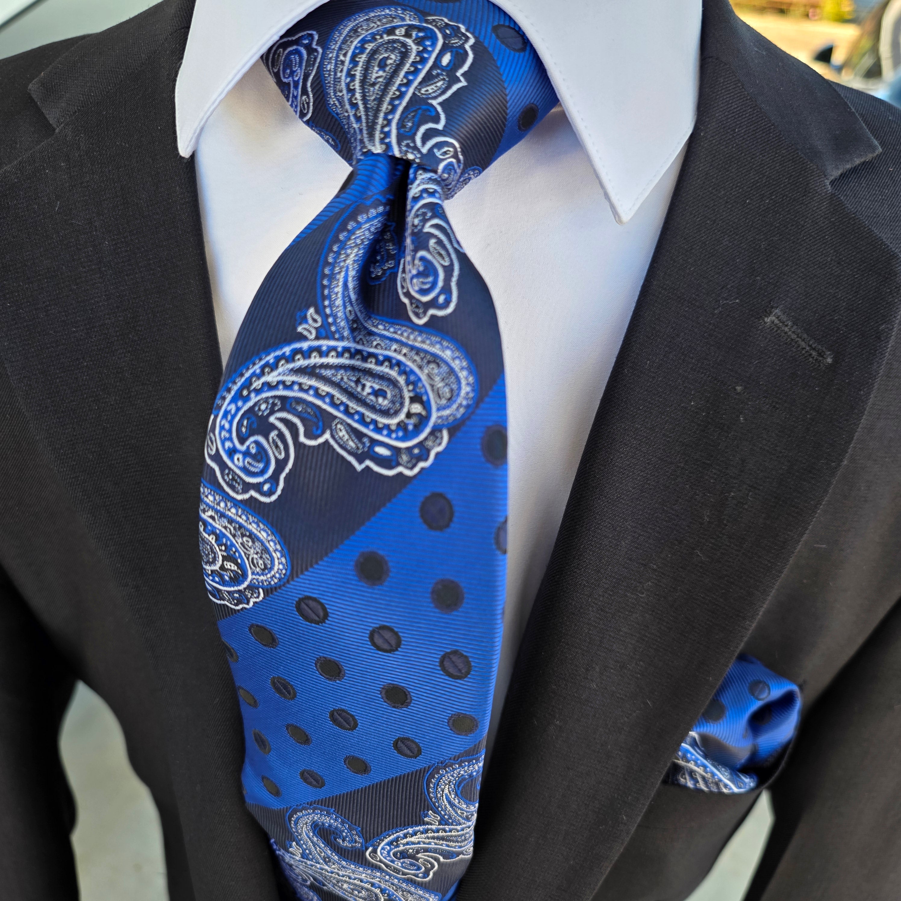 Navy Blue Paisley Polka Dot Silk Tie Pocket Square Cufflink Set