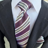 Purple White Striped Silk Tie Pocket Square Cufflink Set