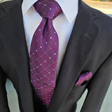 Purple Plaid Polka Dot Silk Tie Pocket Square Cufflink Set