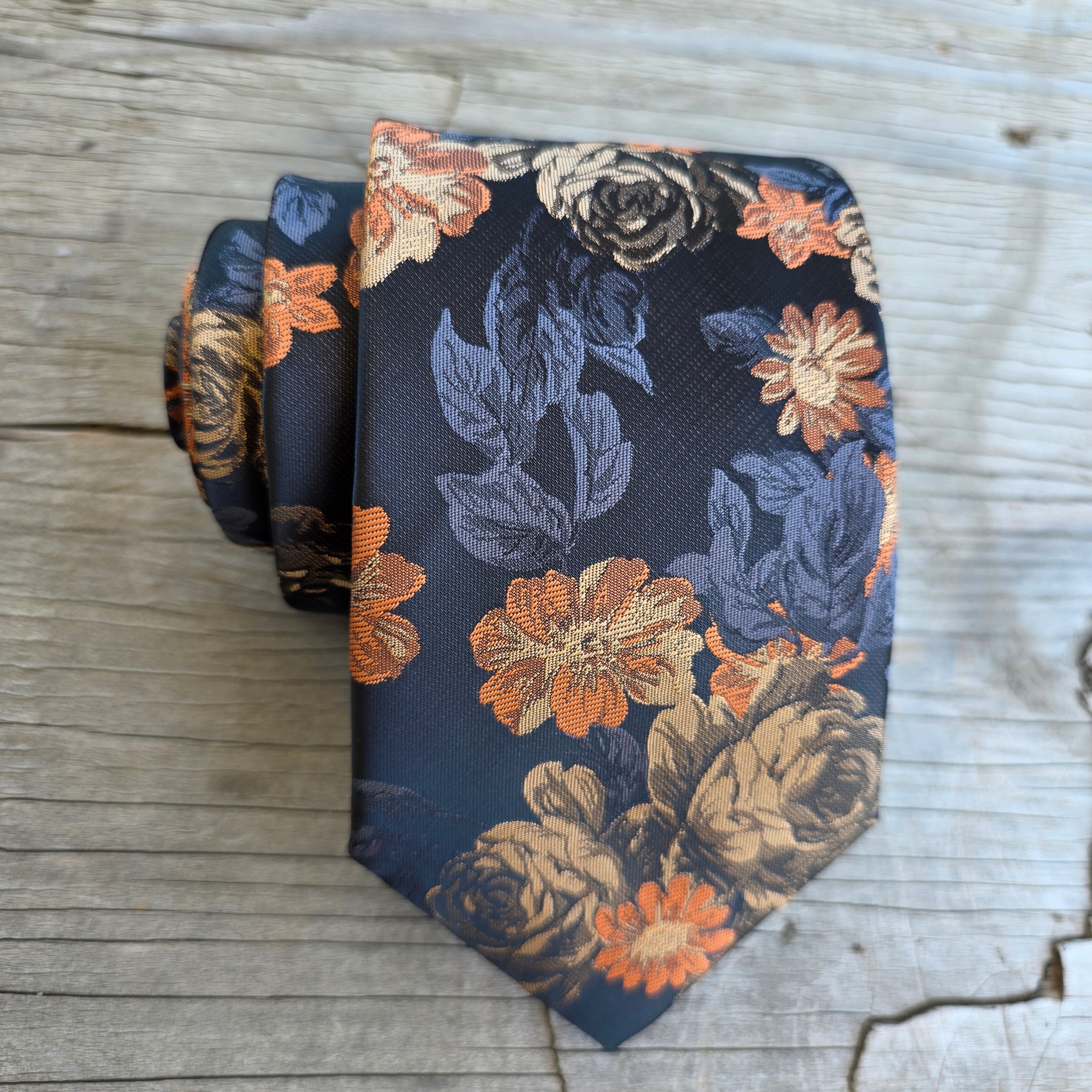 Black Honey Orange Flower Silk Tie Pocket Square Cufflink Set