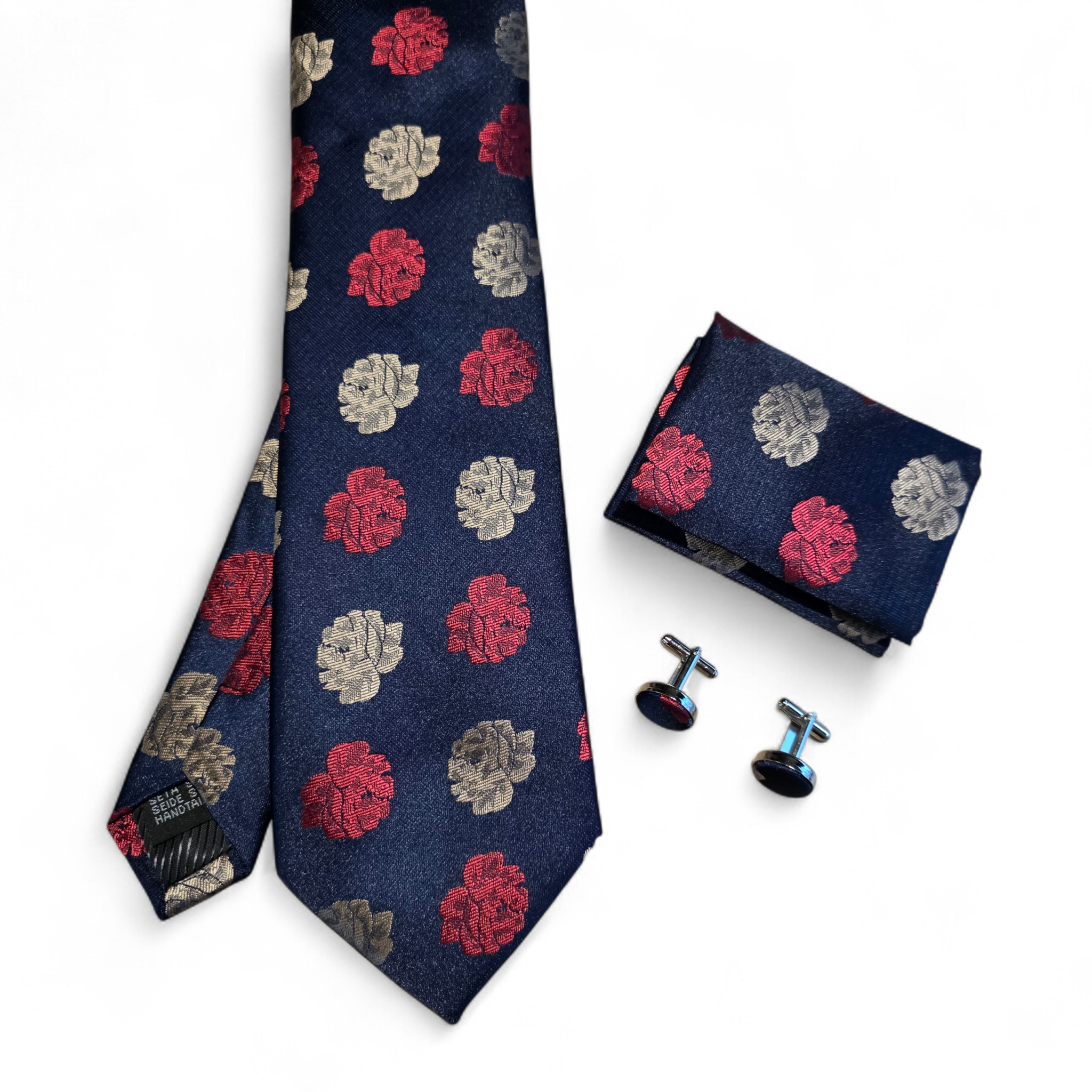 Navy Blue Red Floral Silk Tie Pocket Square Cufflink Set