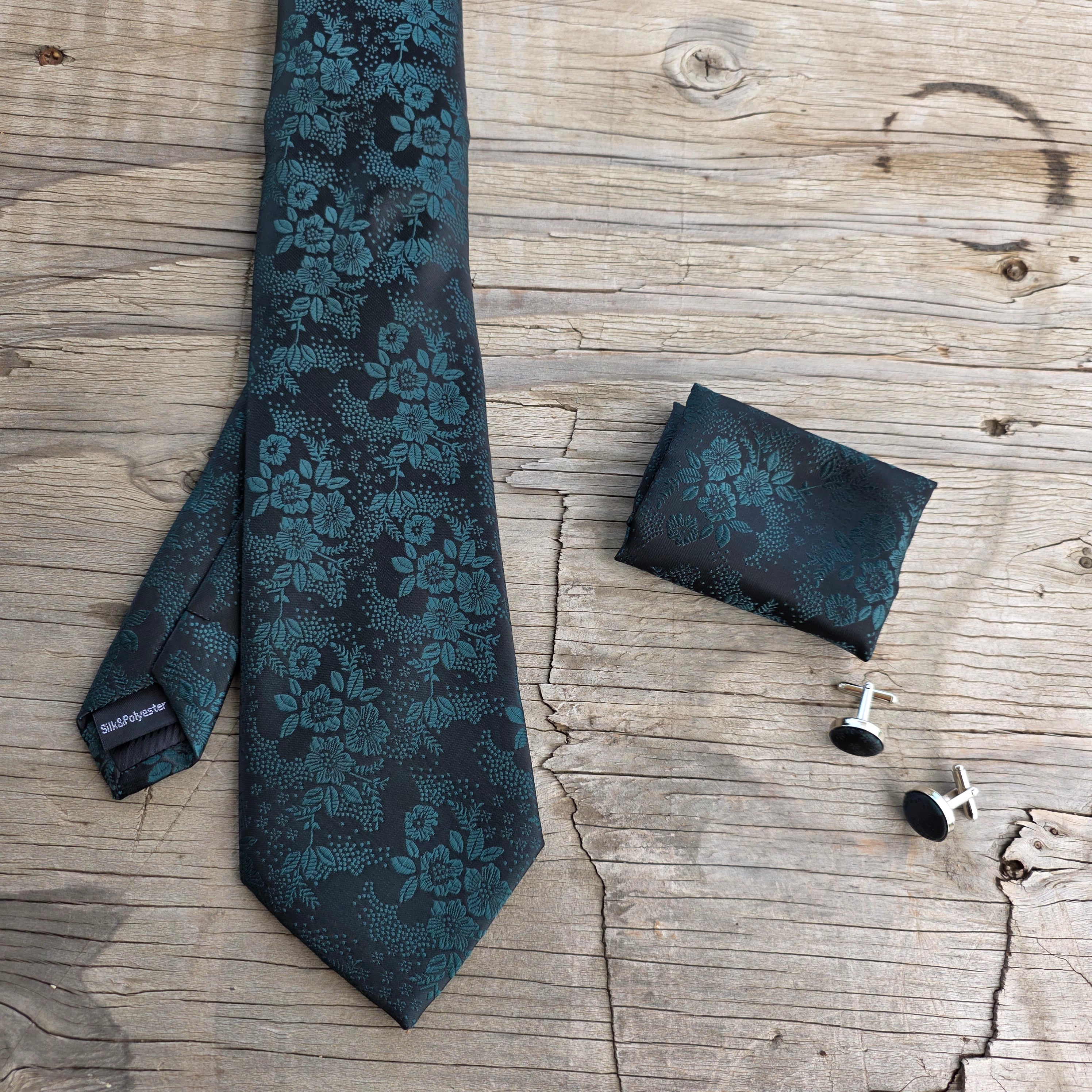 Black Forest Green Floral Silk Tie Pocket Square Cufflink Set