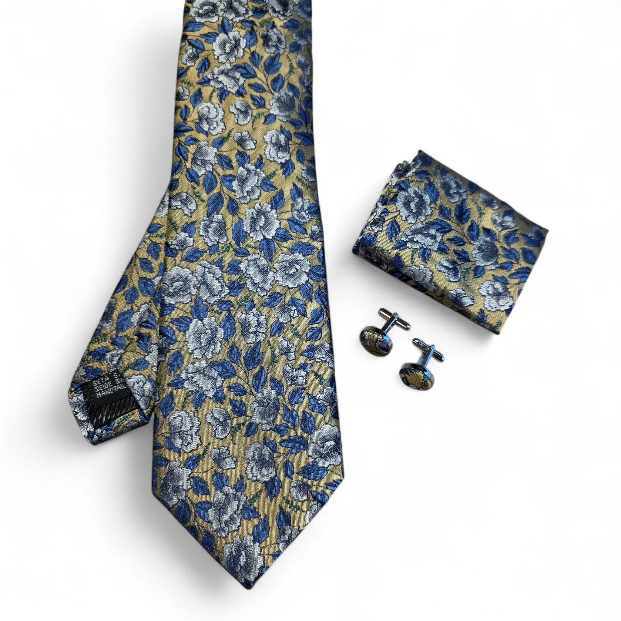 Antique Gold Blue Floral Silk Tie Pocket Square Cufflink Set