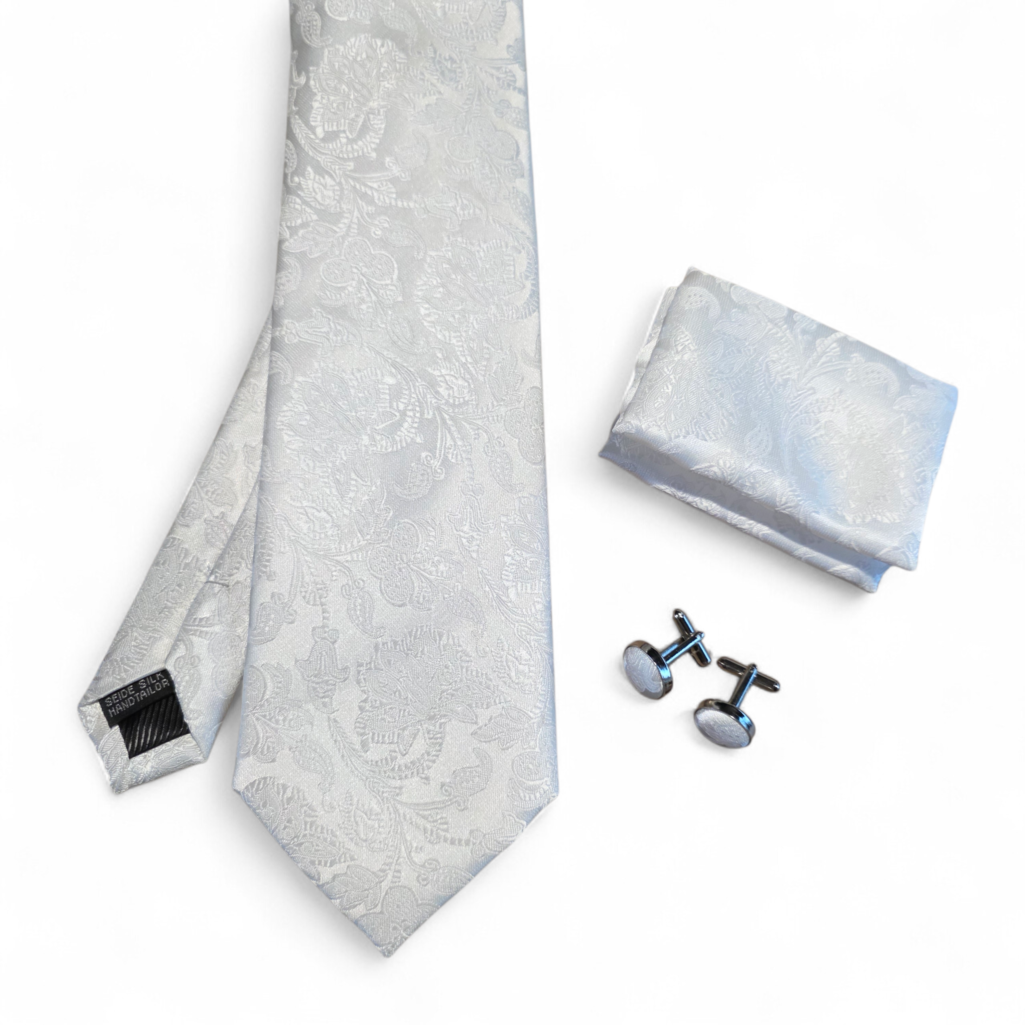 White Floral Silk Tie Pocket Square Cufflink Set