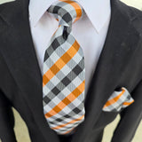 Black Orange White Plaid Silk Tie Pocket Square Set