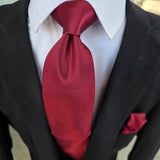 Extra Long Wine Solid Tie Pocket Square Cufflink Set