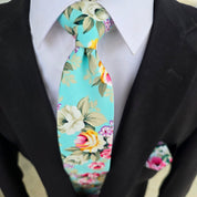 Sky Blue Sage Green Rose Floral Slim Tie Pocket Square Set