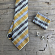 Amber Yellow Khaki Plaid Silk Tie Pocket Square Cufflink Set