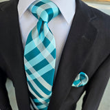 Cyan Blue White Plaid Silk Tie Pocket Square Cufflink Set