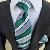 White Green Stripe Silk Tie Pocket Square Cufflink Set