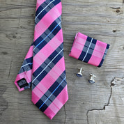 Navy Blue Pink Stripe Silk Tie Pocket Square Cufflink Set