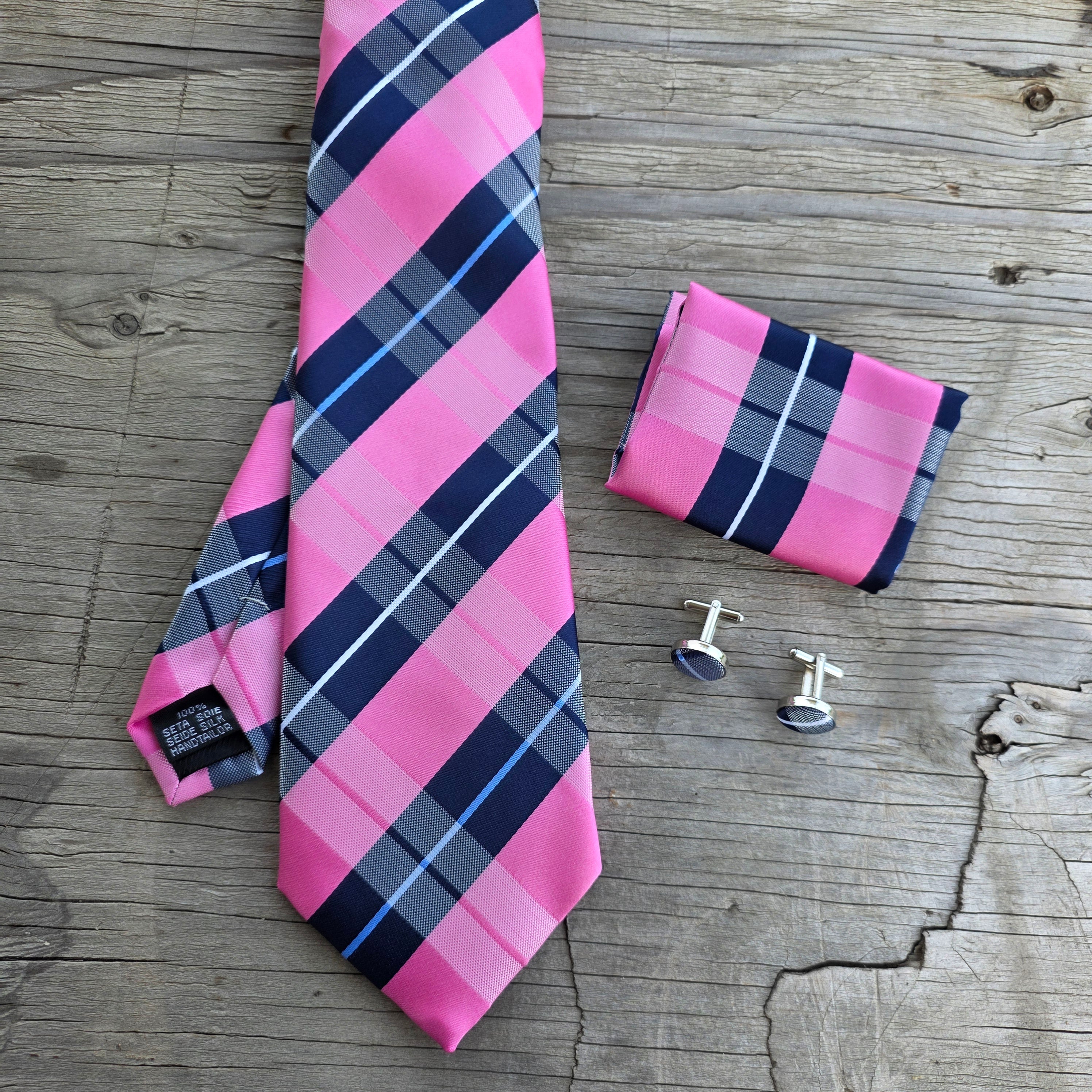 Navy Blue Pink Stripe Silk Tie Pocket Square Cufflink Set