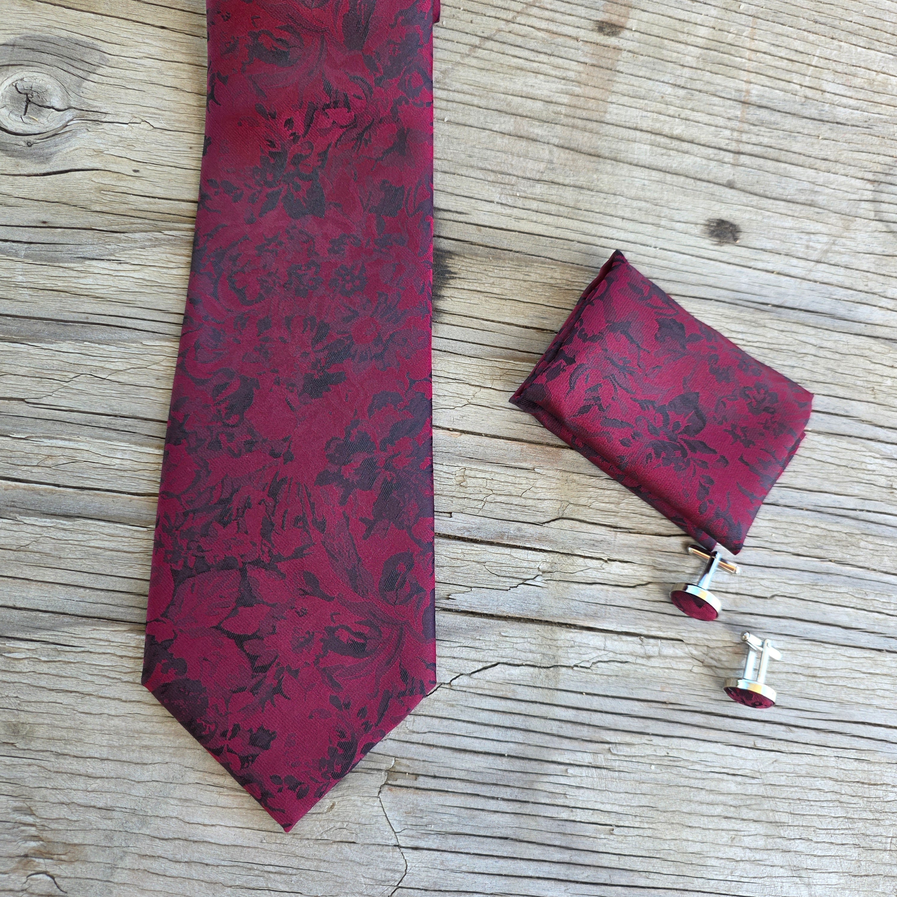 Burgundy Black Silk Tie Pocket Square Cufflink Set
