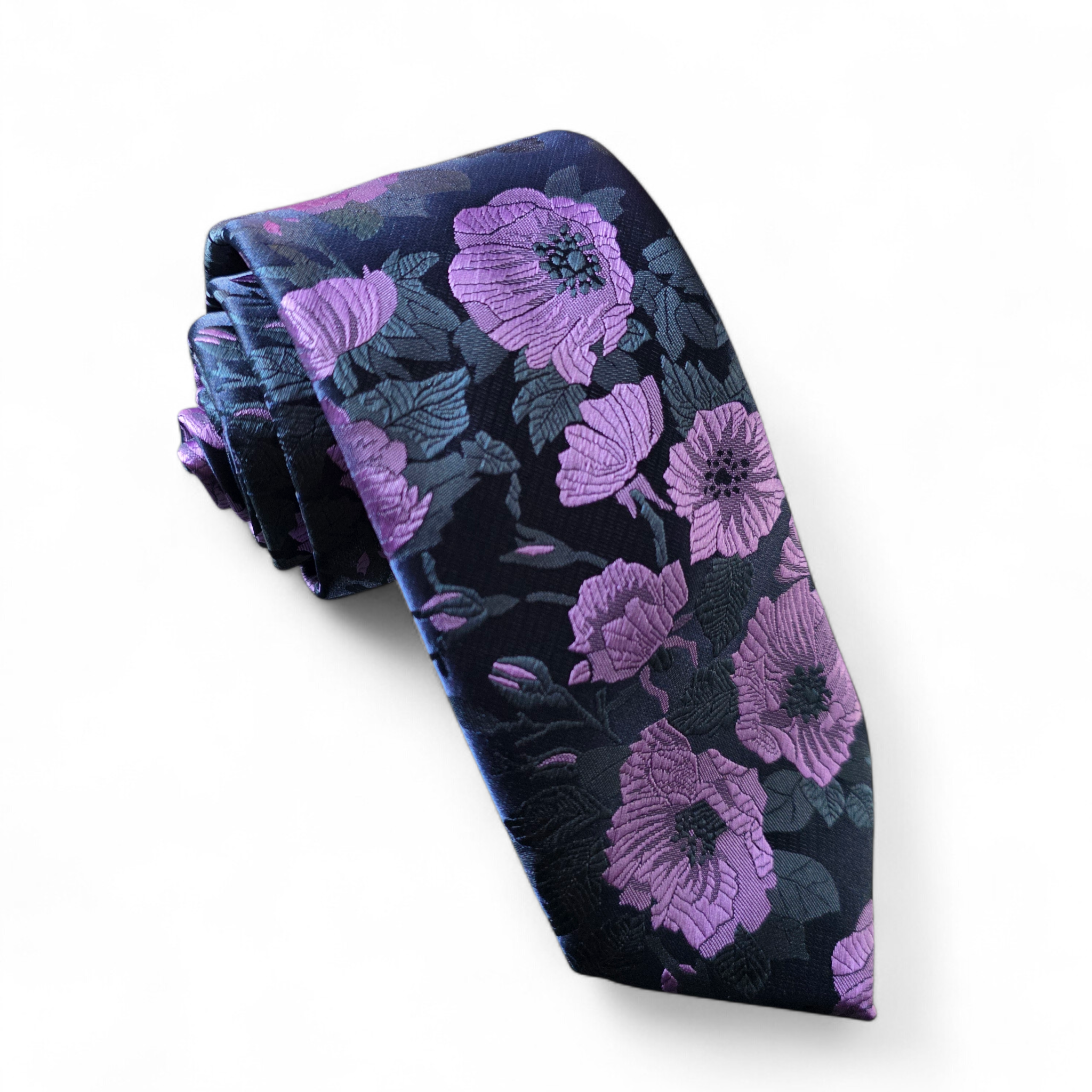 Navy Blue Purple Floral Silk Tie Pocket Square Cufflink Set