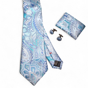 Baby Blue Paisley Silk Tie Pocket Square Cufflink Set