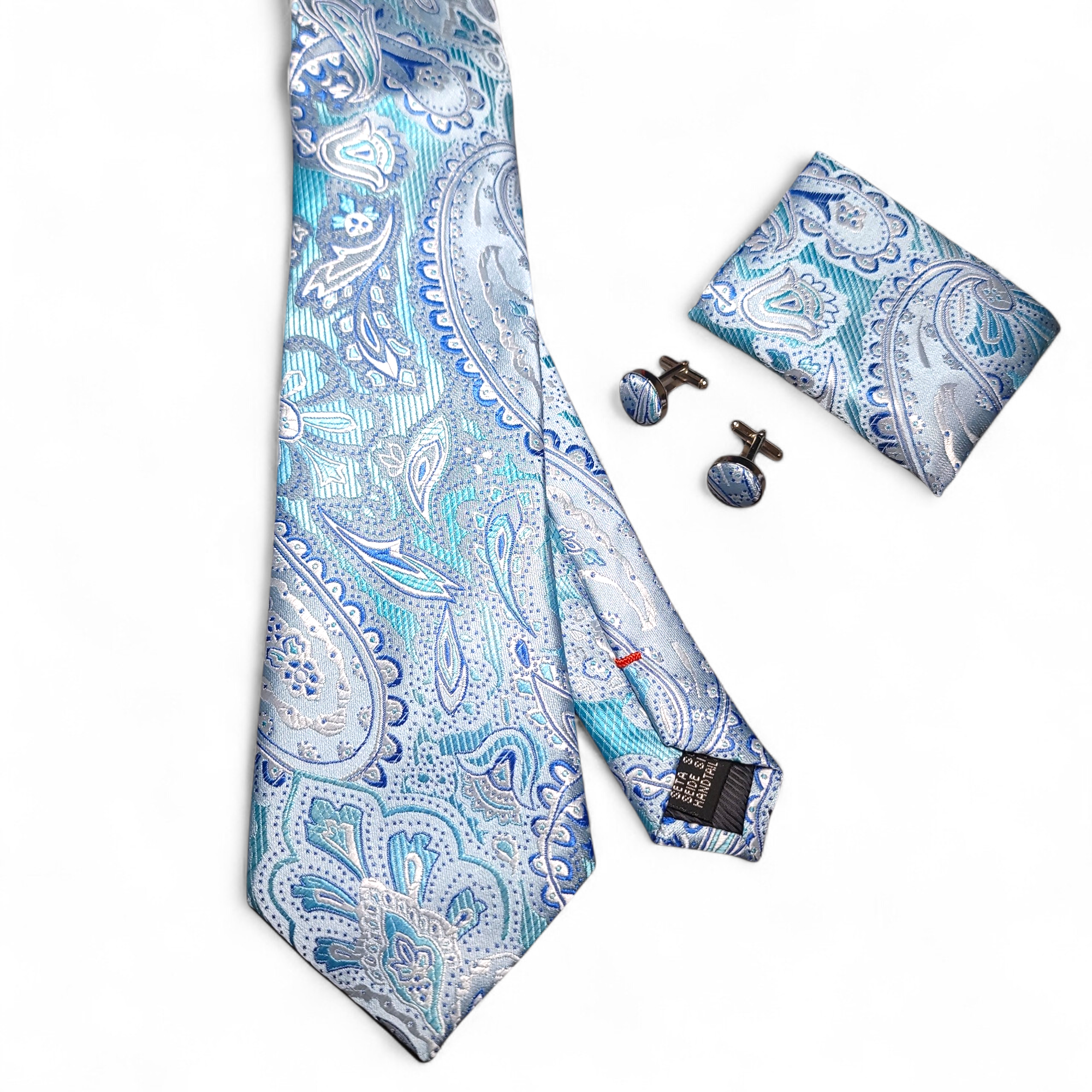 Baby Blue Paisley Silk Tie Pocket Square Cufflink Set