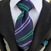 Navy Blue Striped Silk Tie Pocket Square Cufflink Set