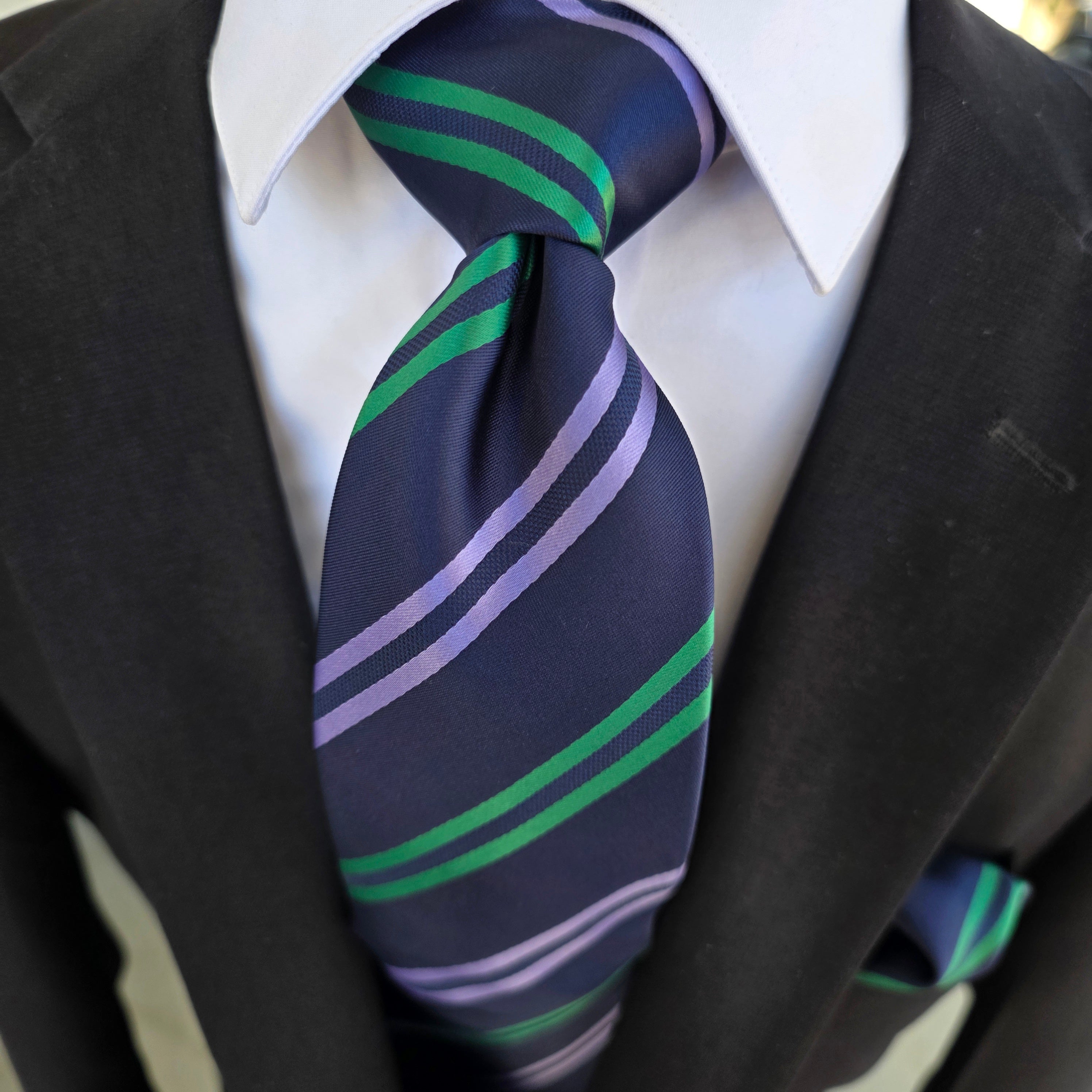 Navy Blue Striped Silk Tie Pocket Square Cufflink Set