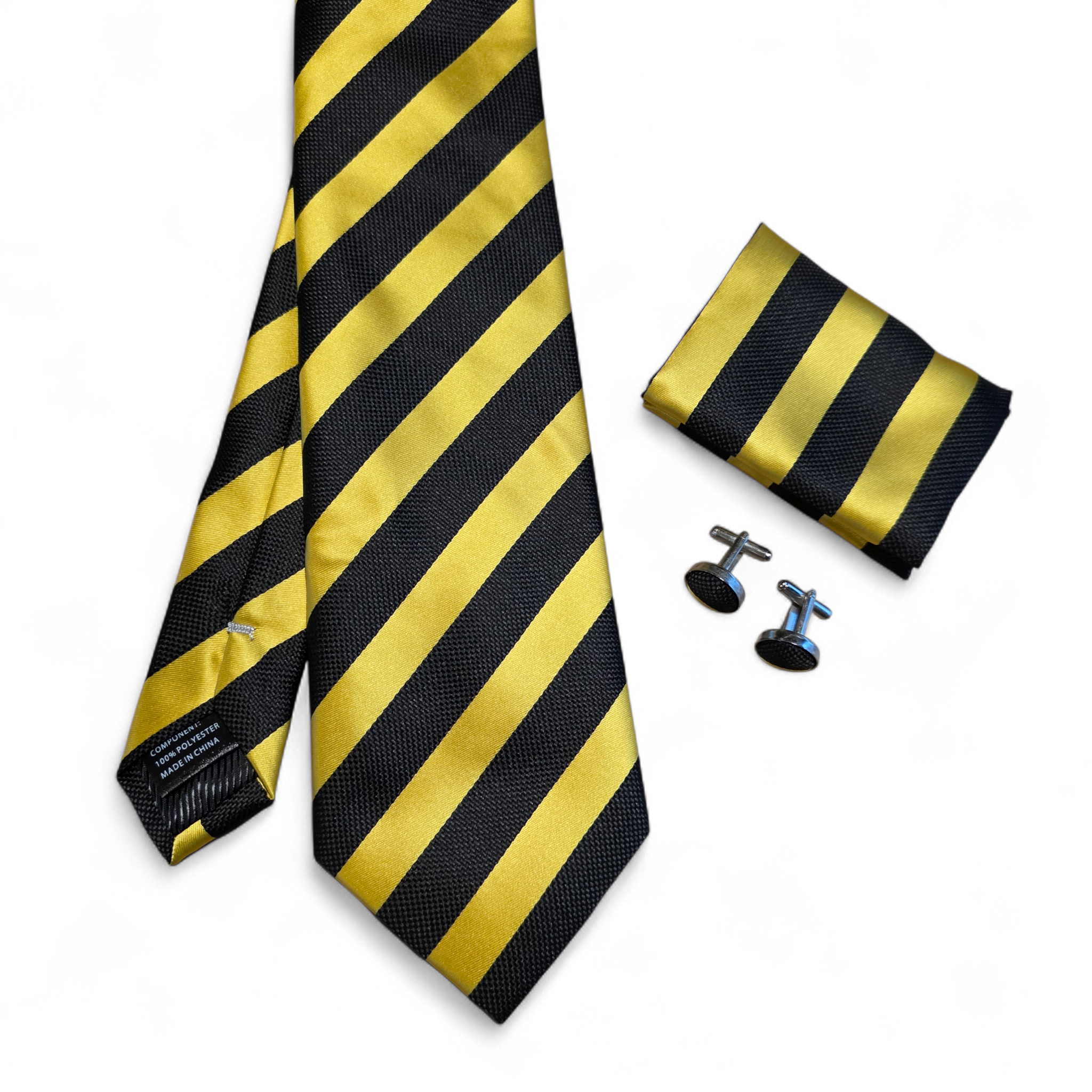 Black Yellow Stripe Silk Tie Pocket Square Cufflink Set