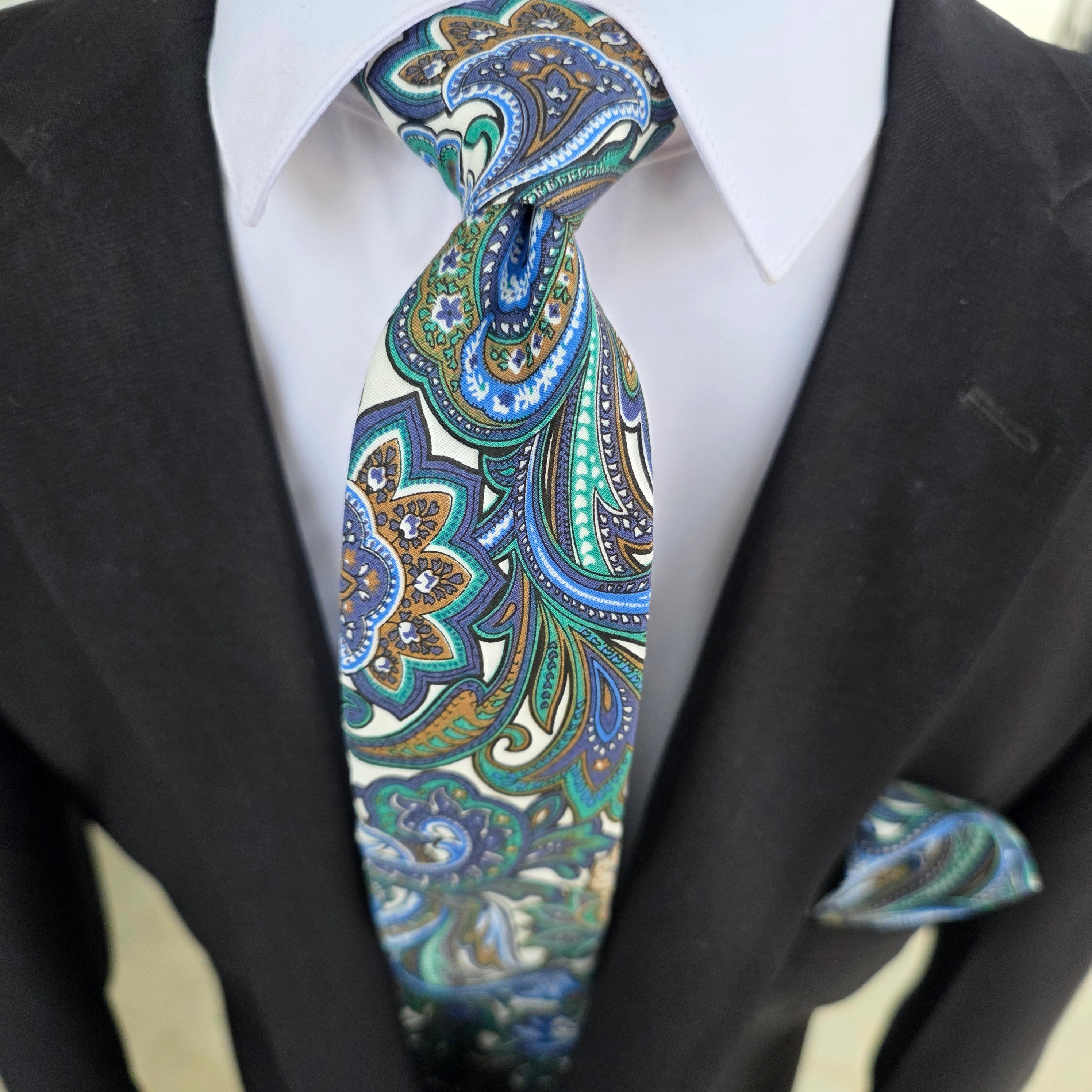 Blue Green Floral Slim Tie Pocket Square Set