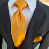 Golden Brown Solid Silk Tie Pocket Square Cufflink Set