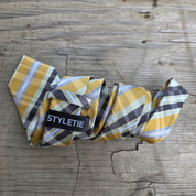 Amber Yellow Khaki Plaid Silk Tie Pocket Square Cufflink Set