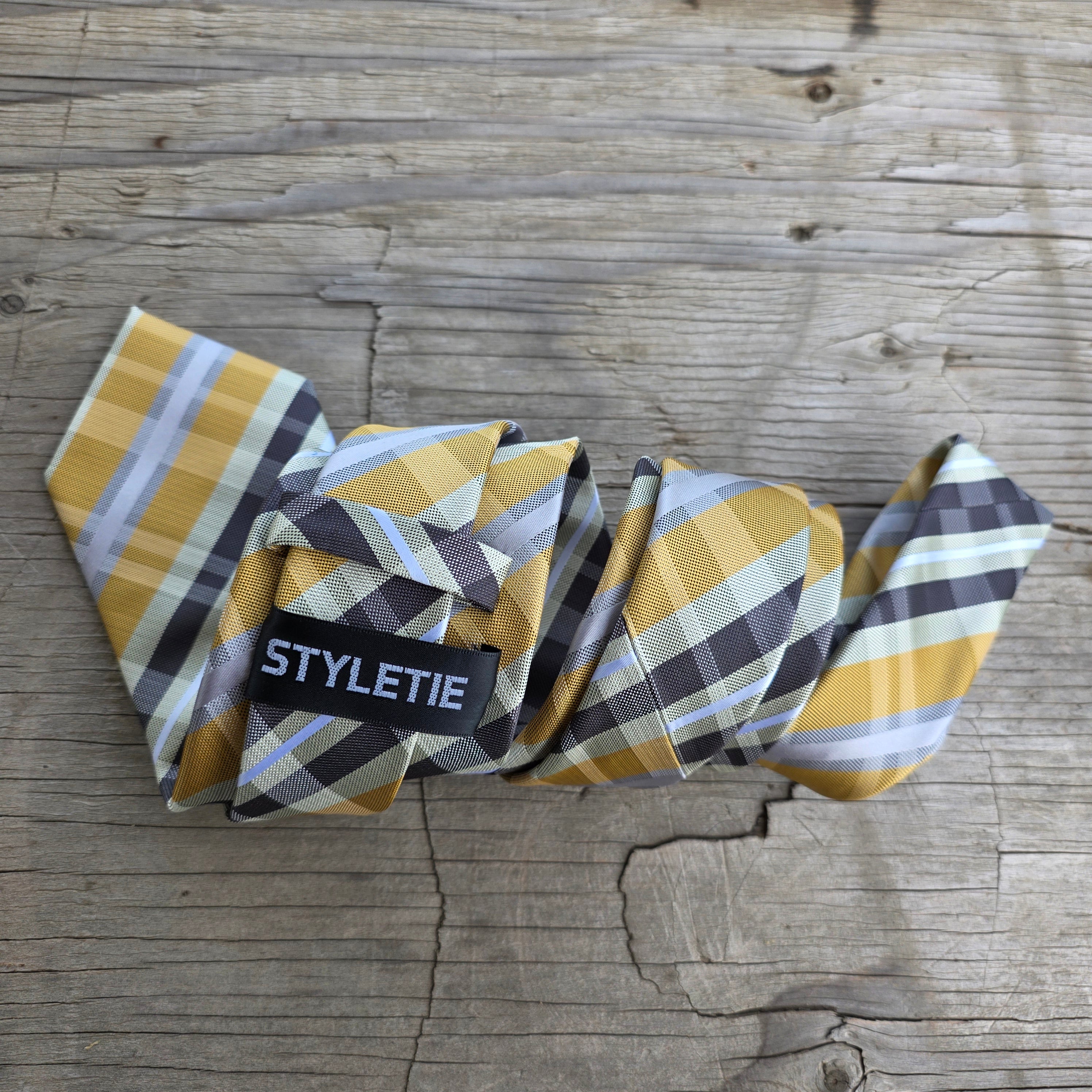 Amber Yellow Khaki Plaid Silk Tie Pocket Square Cufflink Set