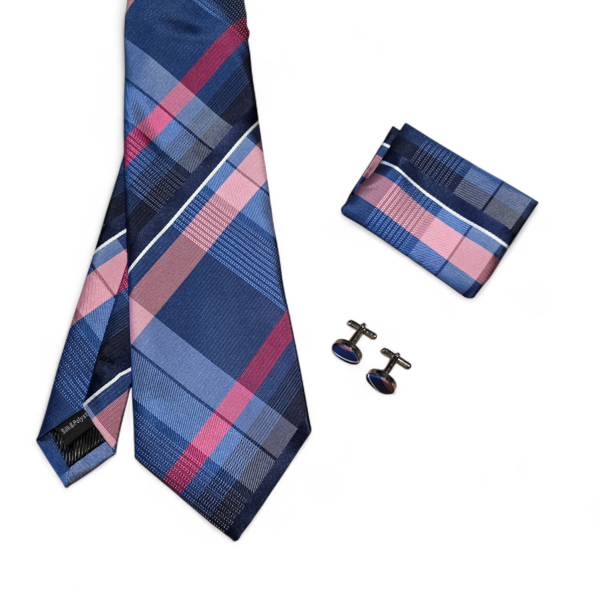 Navy Blue Pink Stripe Silk Tie Pocket Square Cufflink Set