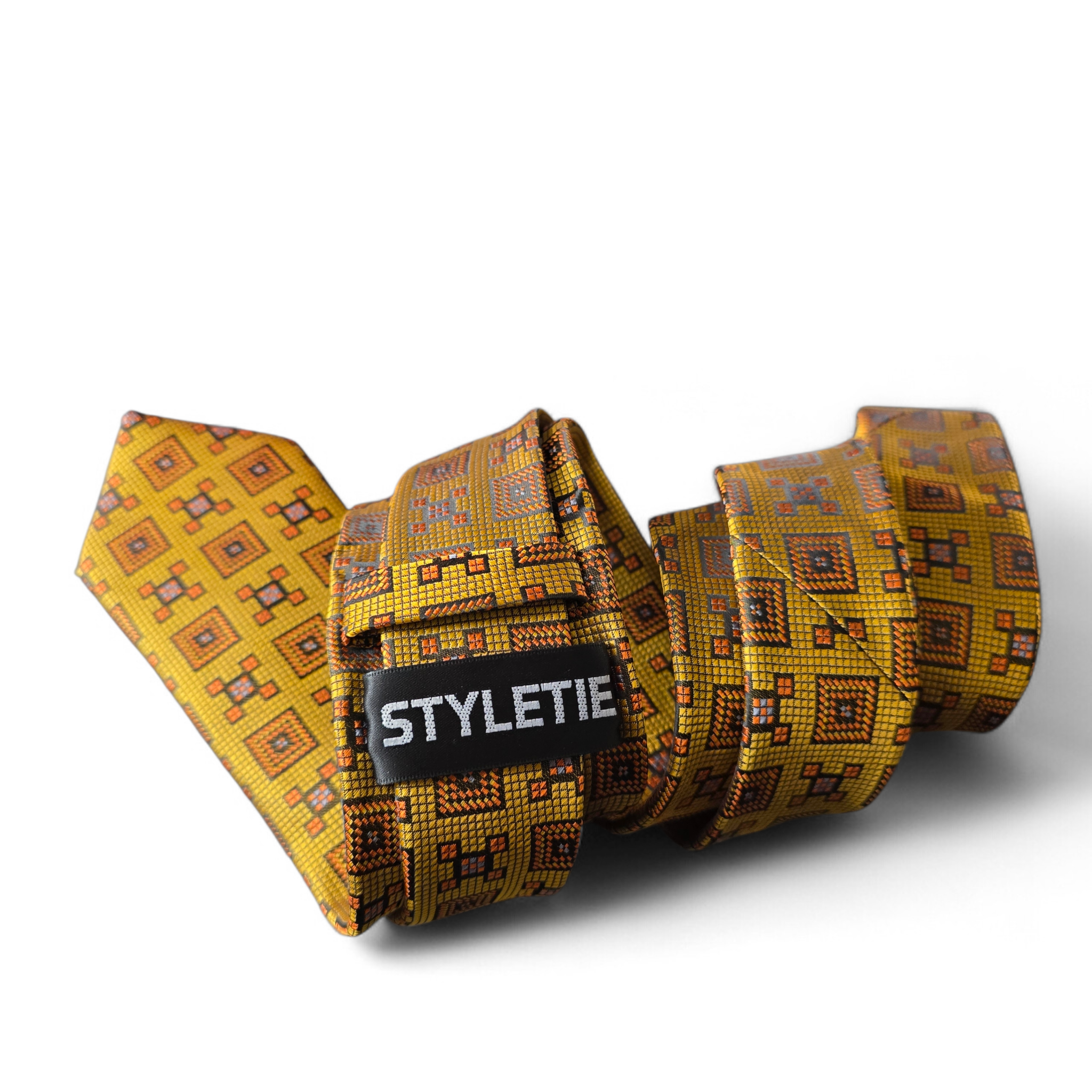 Old Gold Geometric Silk Tie Pocket Square Cufflink Set