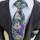 Green Purple Flower Silk Tie Pocket Square Cufflink Set