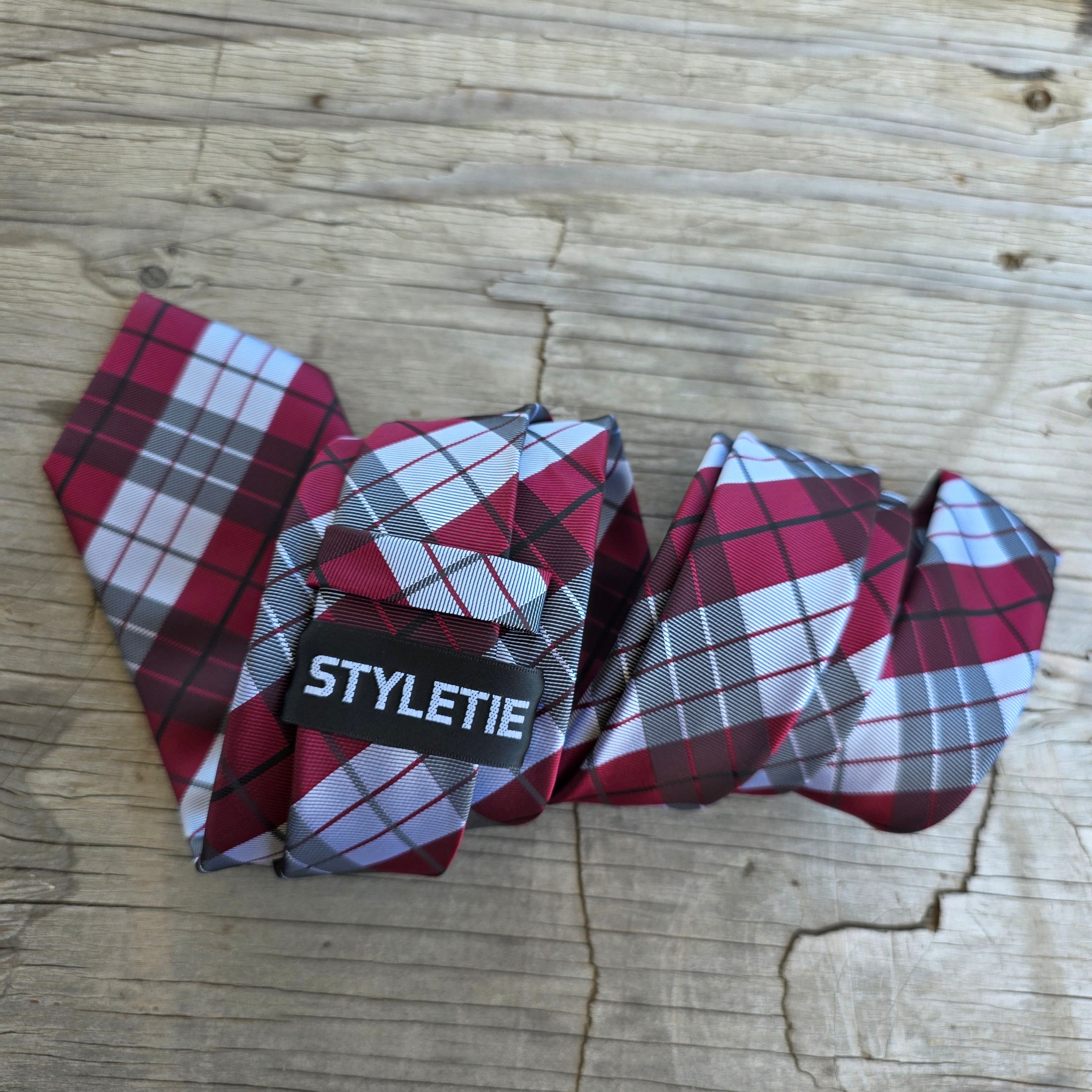 White Burgundy Plaid Silk Tie Pocket Square Cufflink Set