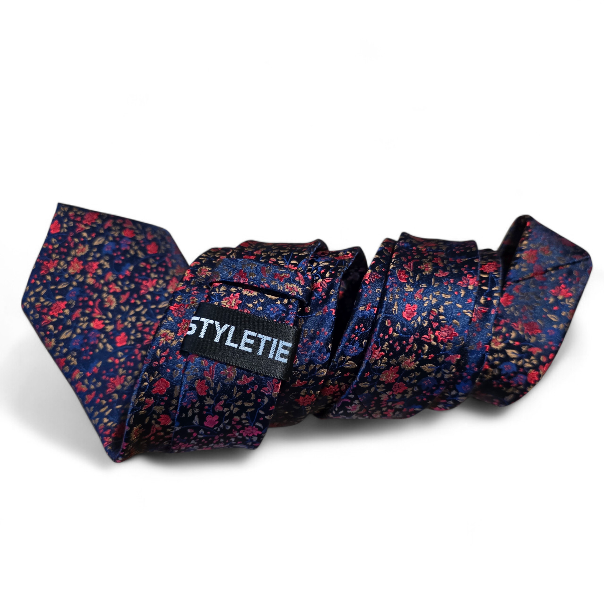 Navy Blue Red Floral Silk Tie Pocket Square Cufflink Set