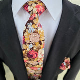Brown khaki Floral Slim Tie Pocket Square Set
