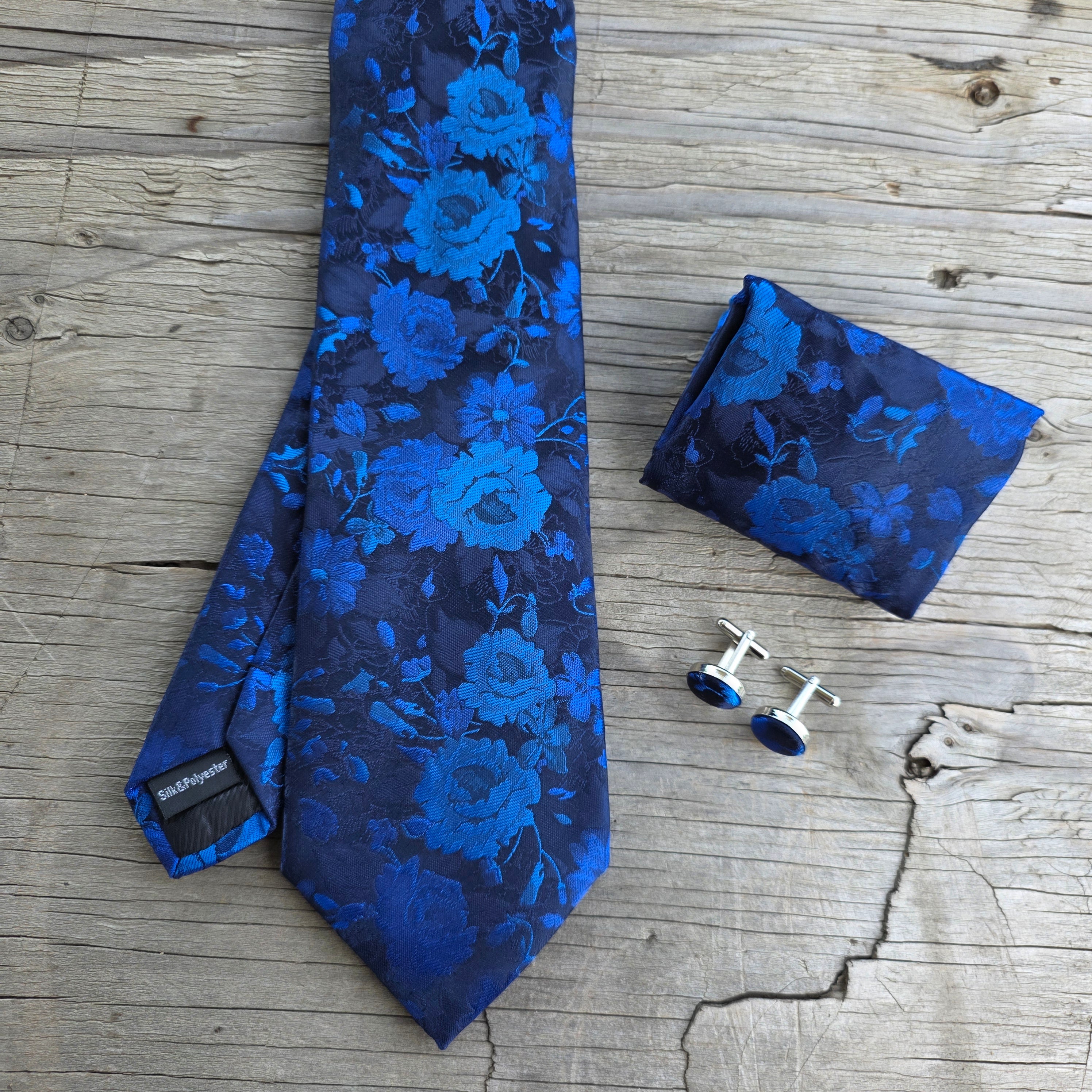 Navy Royal Blue Floral Silk Tie Pocket Square Cufflink Set