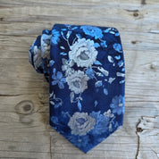 Navy Blue Gray Flower Silk Tie Pocket Square Cufflink Set