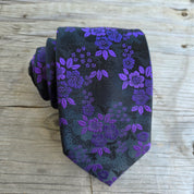 Purple Black Floral Silk Tie Pocket Square Cufflink Set