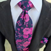 Navy Hot Pink Floral Silk Tie Pocket Square Cufflink Set