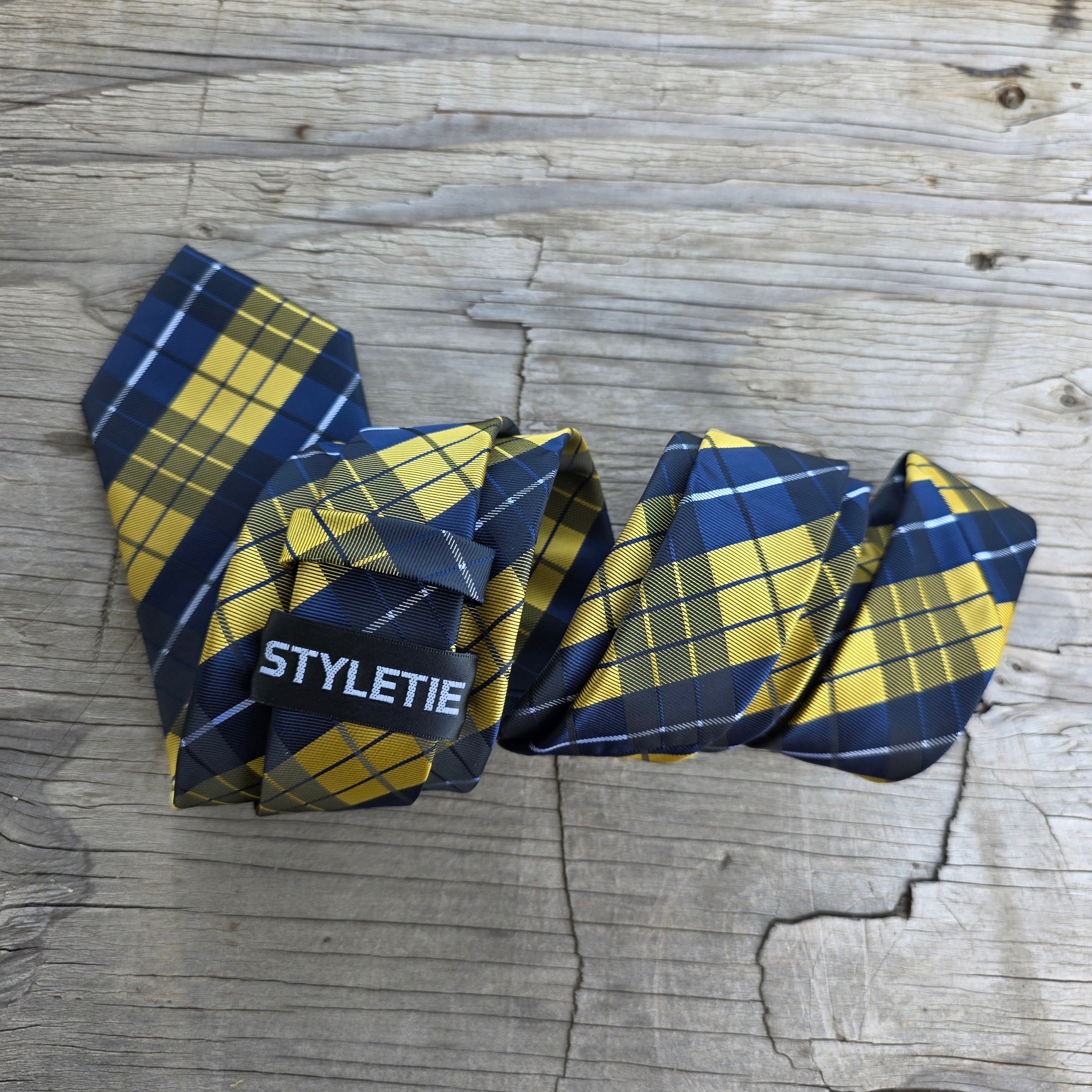 Navy Yellow Plaid Silk Tie Pocket Square Cufflink Set