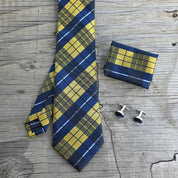 Navy Yellow Plaid Silk Tie Pocket Square Cufflink Set