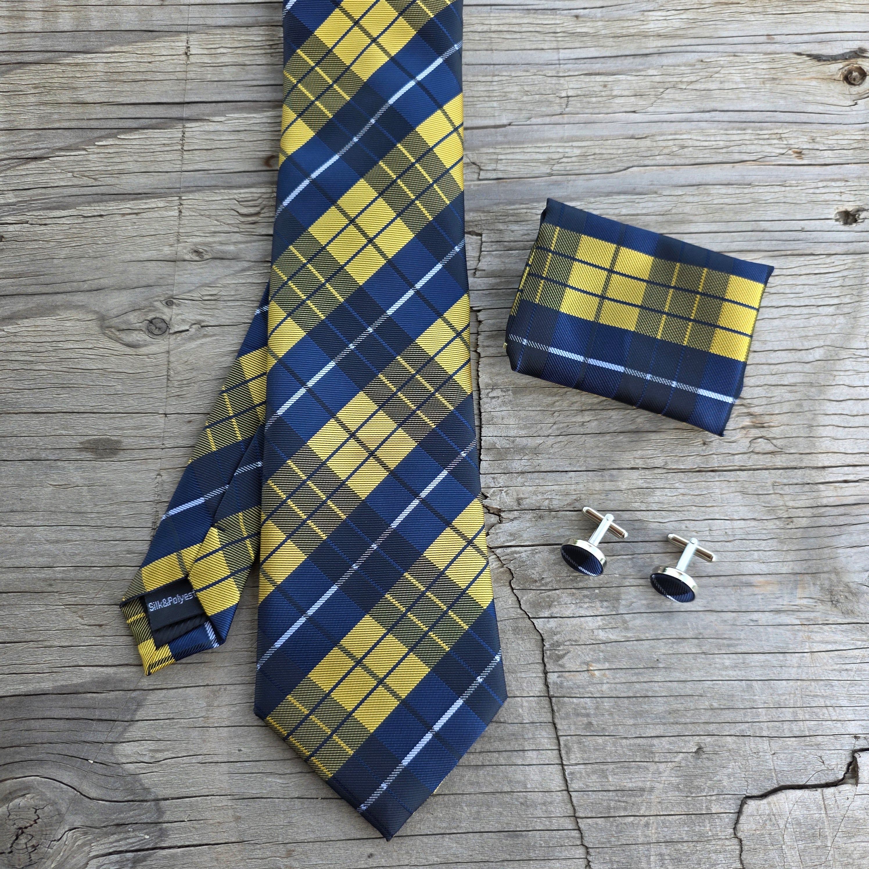 Navy Yellow Plaid Silk Tie Pocket Square Cufflink Set